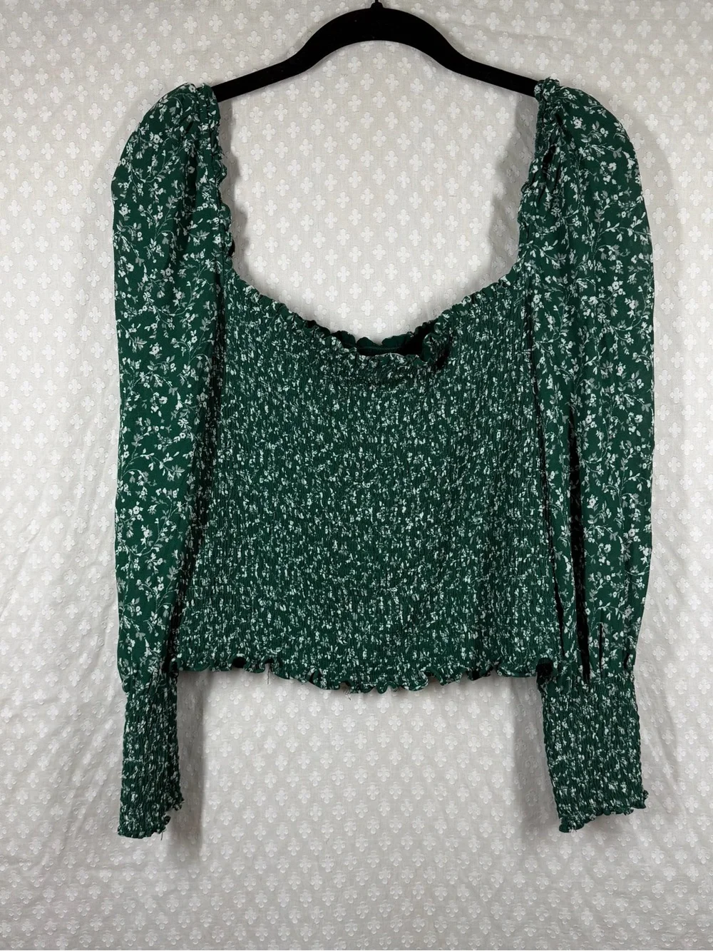 Reformation Green White Floral Smocked Pinto Puff Sleeve Top